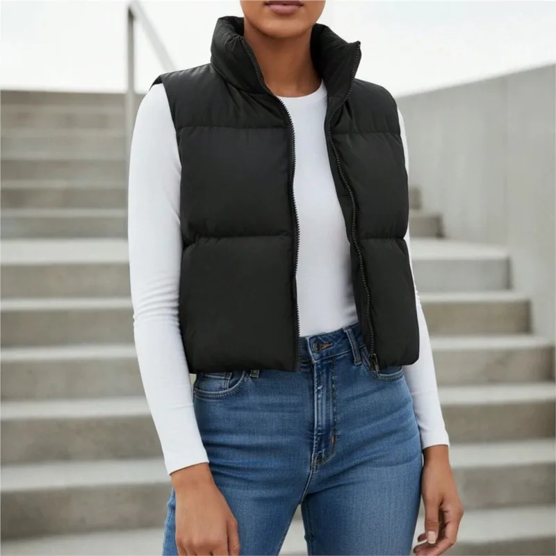 Women Winter Short Down Sleeveless Vest Warm Stand Collar Zipper Jacket Casual Fashion Quilted Cropped Coats Street Outerwears