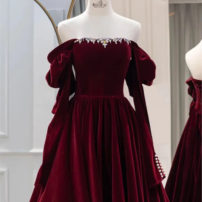 Wine red toasting dress new velvet long sleeve banquet