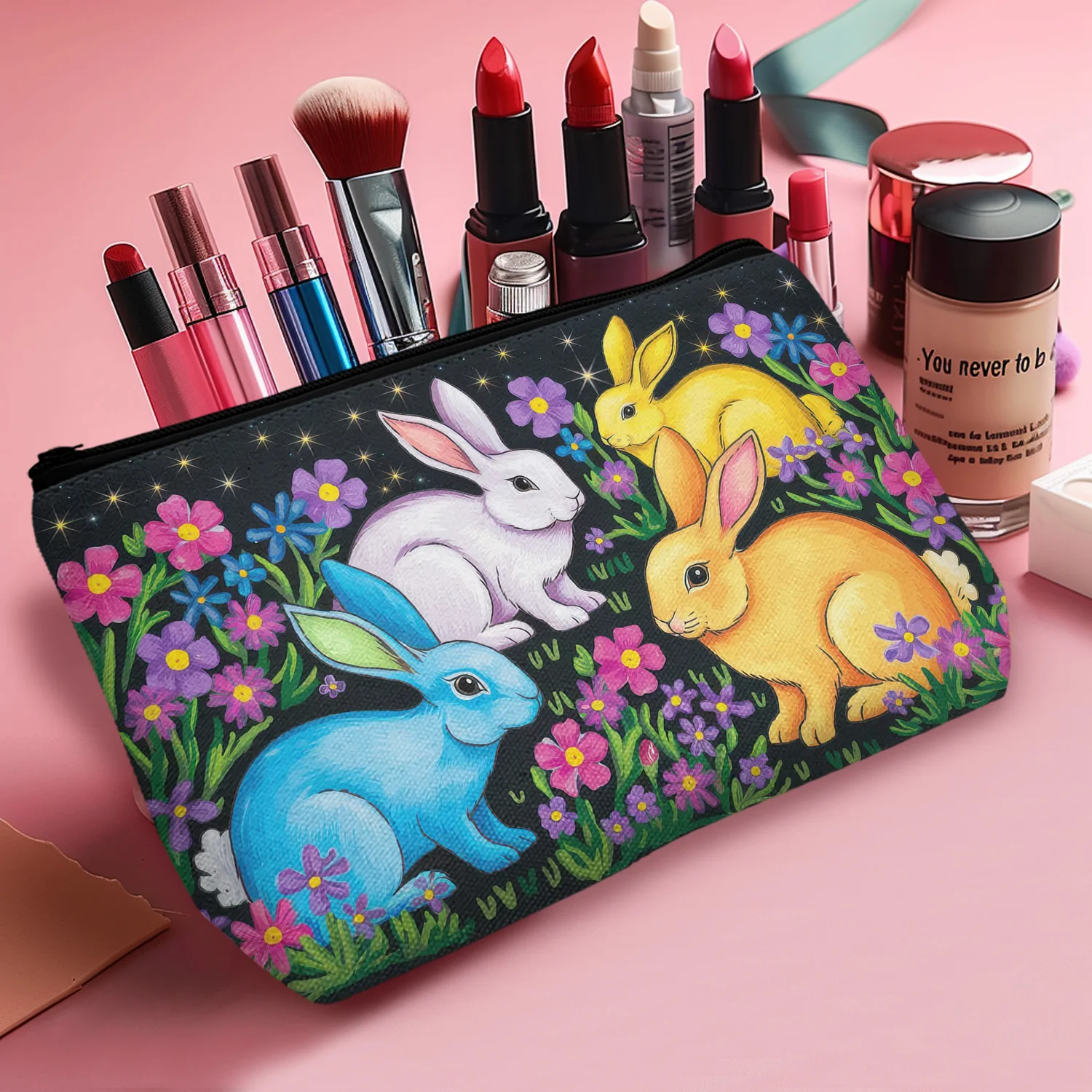 1Pc Fashionable Makeup Pouch Chic Floral Bunny Cosmetic Bag For Women Durable Multi-Color With Zipper Garden 8.66X5.51Inch