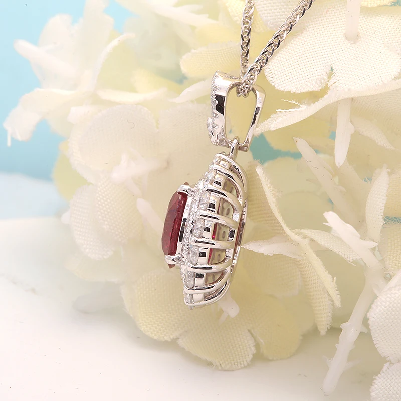 100% Real 18K Gold 2.0ct Center Oval Shape Ruby with White Moissanite Pendant Necklace With Chain Test Passed Fine Jewelry