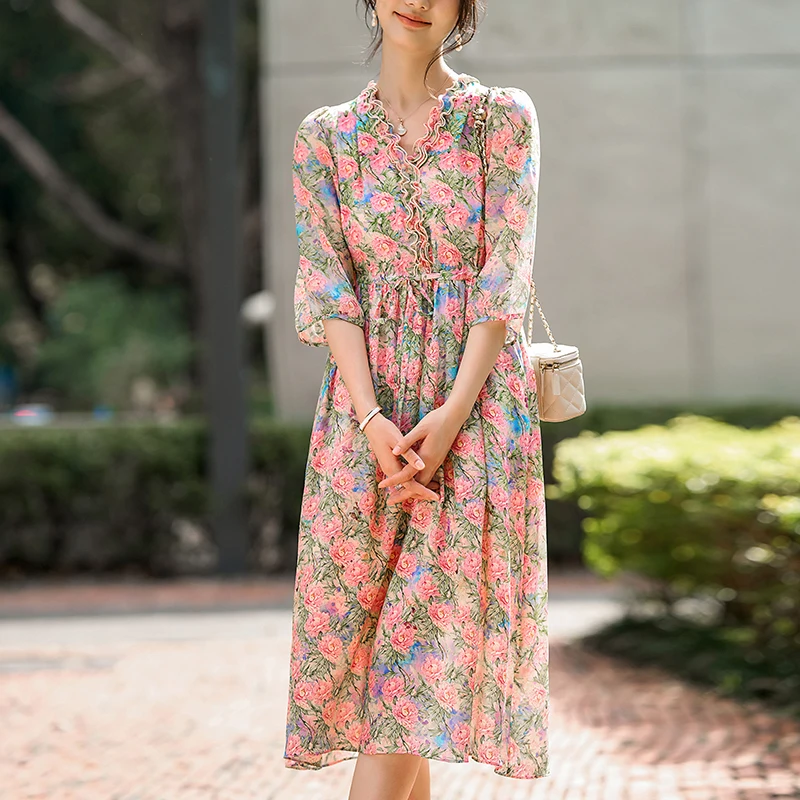 New Prairie Chic Elegant Dresses Women Summer V-neck Drawstring Floral Print Dress A-line 100% Real Silk Women's Long Dress