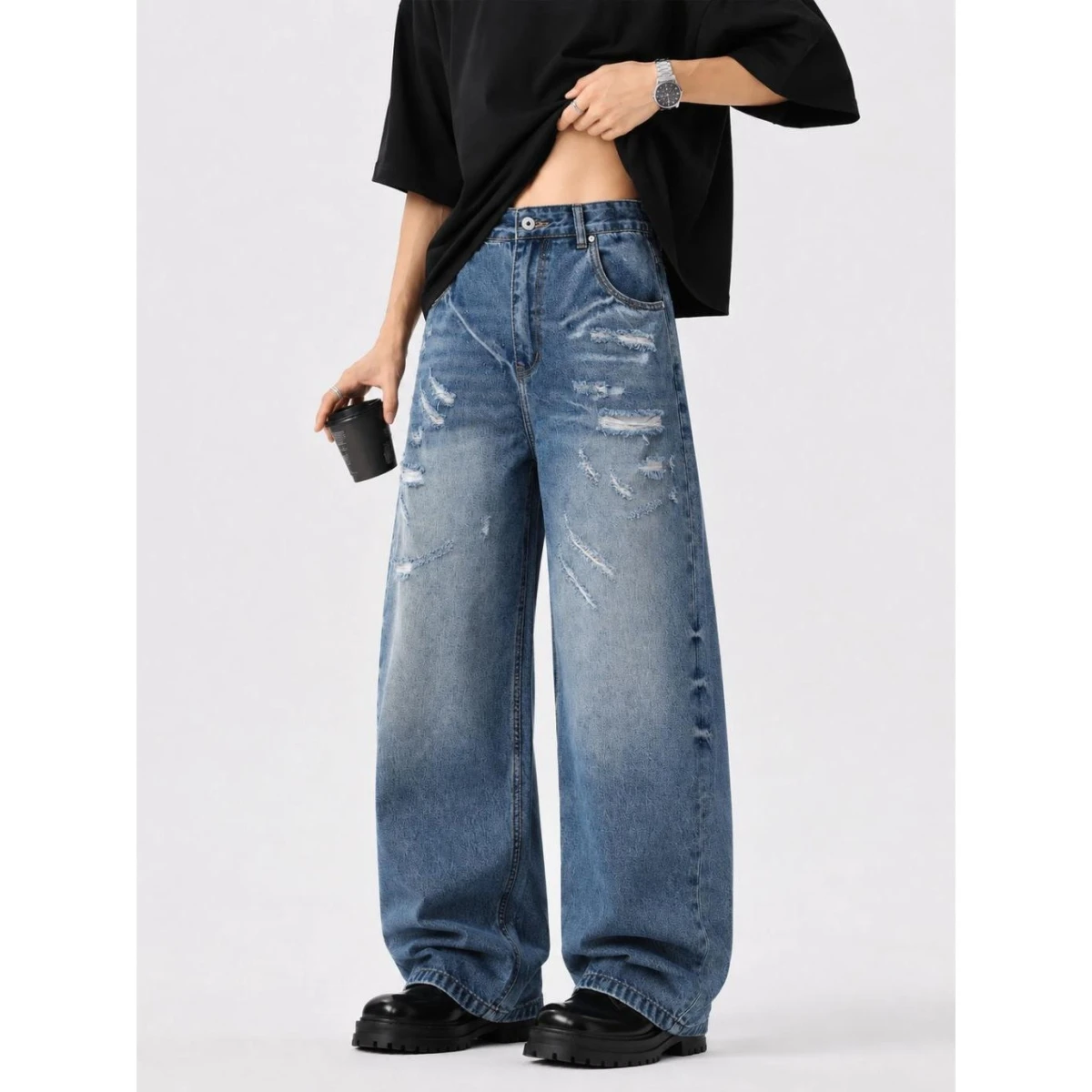 

Retro American Style Men's Jeans Washed Outdated Denim Pants Slim Fit Hole Design Polyester Fiber Casual Straight Leg