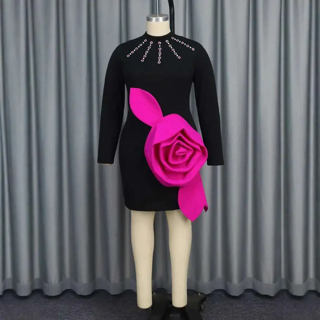 

AM040728 temperament contrasting long sleeved dress party banquet fashionable dress bag hip skirt dress
