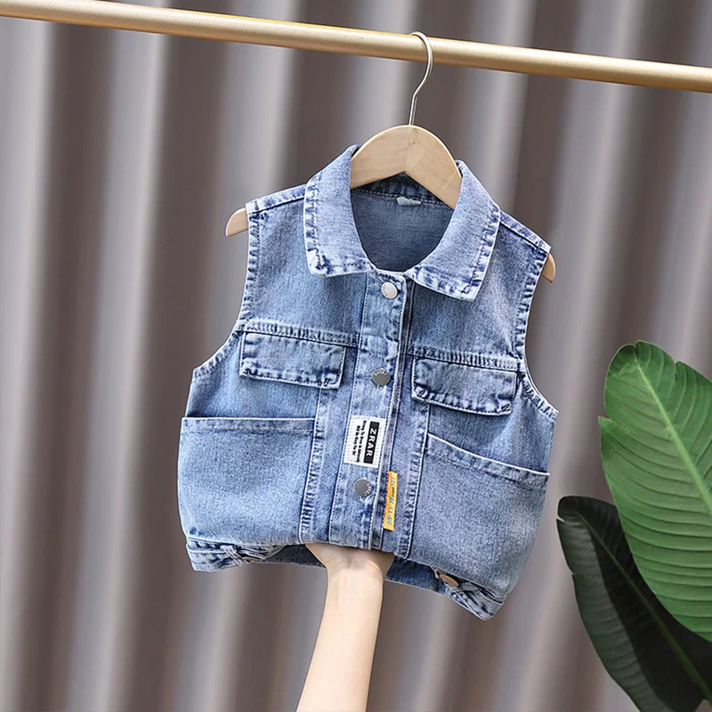 2024 Summer Boys Fashion Label Letter Lapel Pocket Denim Vest Coat Children\'s Clothing 1-8y