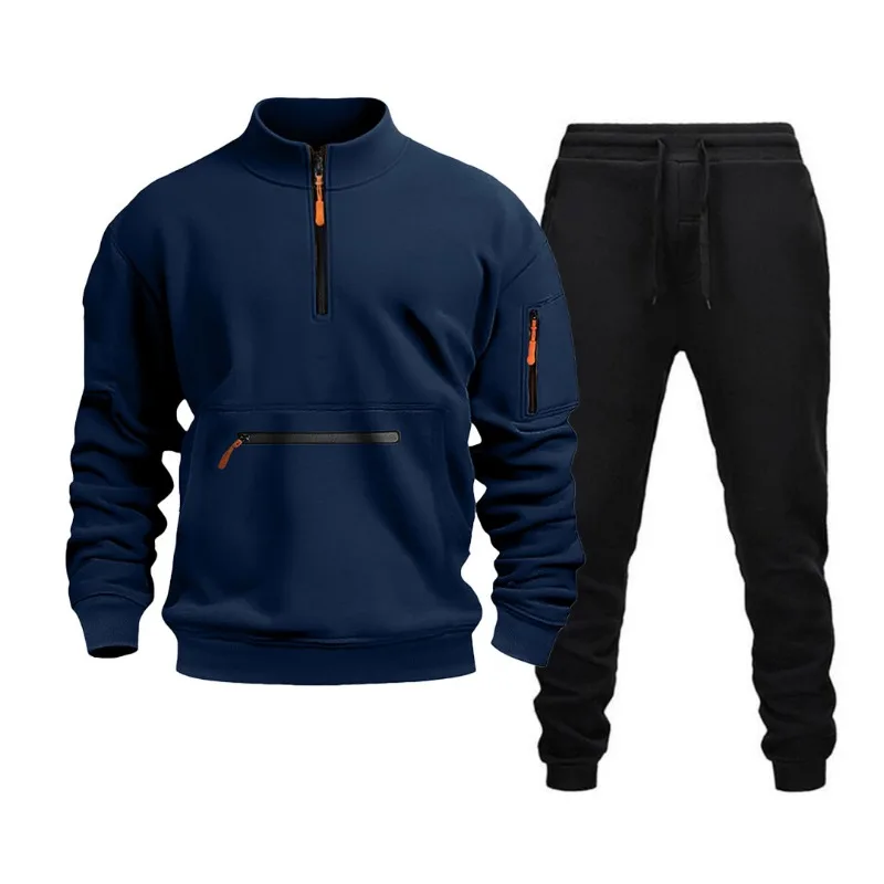 

Men's Henley Collar Zip Sweatshirt Casual Fleece Hooded Sweatshirt Set