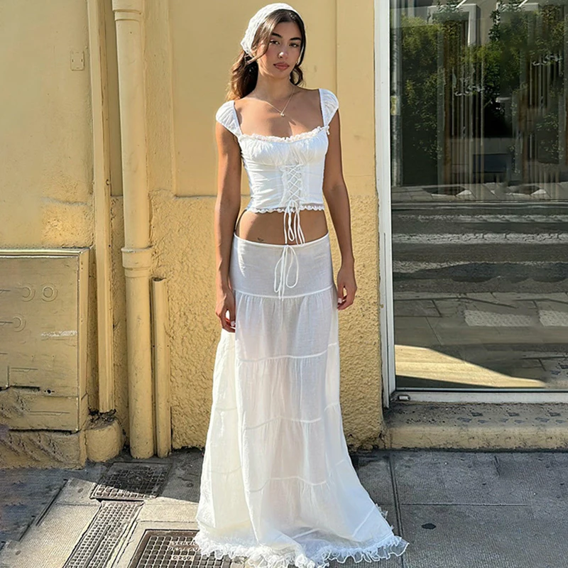 Ensemble 2 pièces sexy en dentelle crochet pour femme, haut court à lacets, jupe longue, robe élégante, blanc, été, 2023