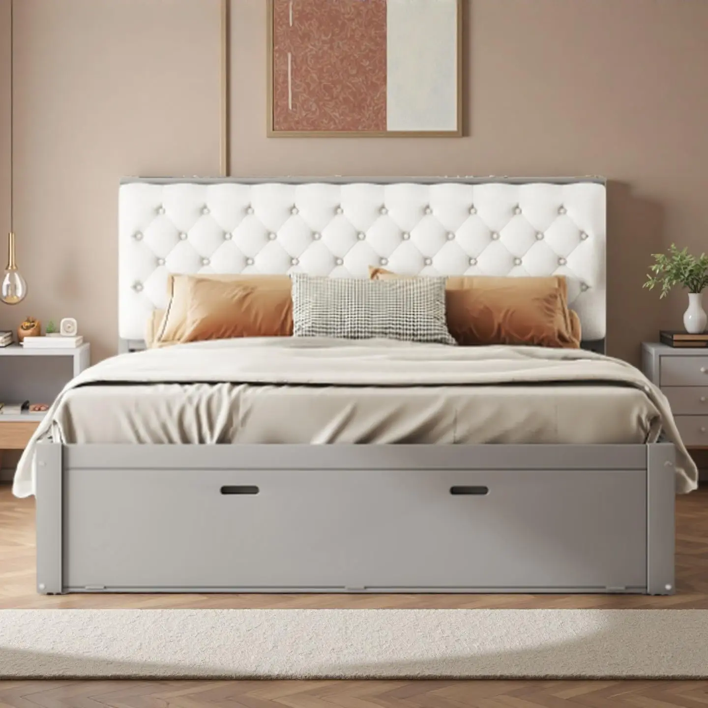 TSEA Queen Size Platform Bed with Storage board and Shoe Rack, Multi-Functional Upholstered Bed Fe with Ders for - view 3