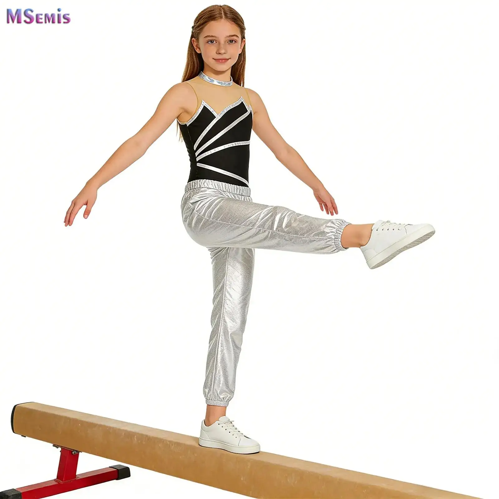 Teens Ballet Dance Practice Outfits Rhythmic Gymnastics Leotard Jumpsuit with Metallic Pants Figure Skating Bodysuit for Girl