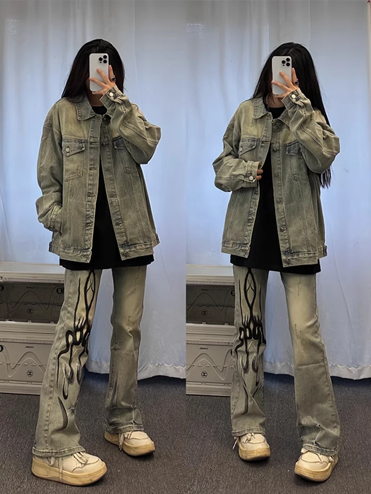 

Washed Vintage Flame Residue Jeans Women's Slim Fit Straight Leg Cotton Denim High Waist Torn Ankle Pants Autumn Wear