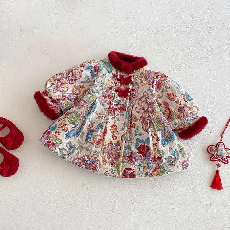 Girls' Jacquard Dress 2025 New Winter Children's Cotton Clip Chinese Style Skirt Baby Thick New Year's Dress
