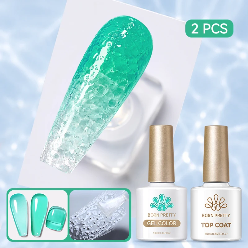 BORN PRETTY 2-teiliges Sommer-Set mit Transparentem Nagelgel und Wasserwellen-Top-Coat, Ohne Abwischen, Abziehbarer Jelly-Gel-Lack