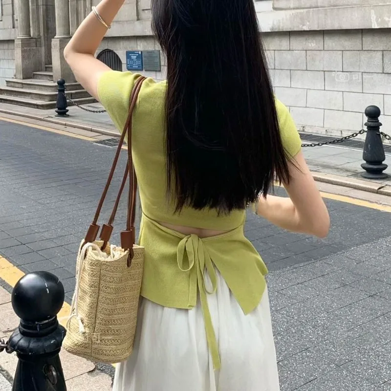 할로우 스퀘어 칼라 반팔 백 스트랩 탑 한국 인기 의류 Y2k Ropa De Mujer 그래픽 T 셔츠 여성 의류