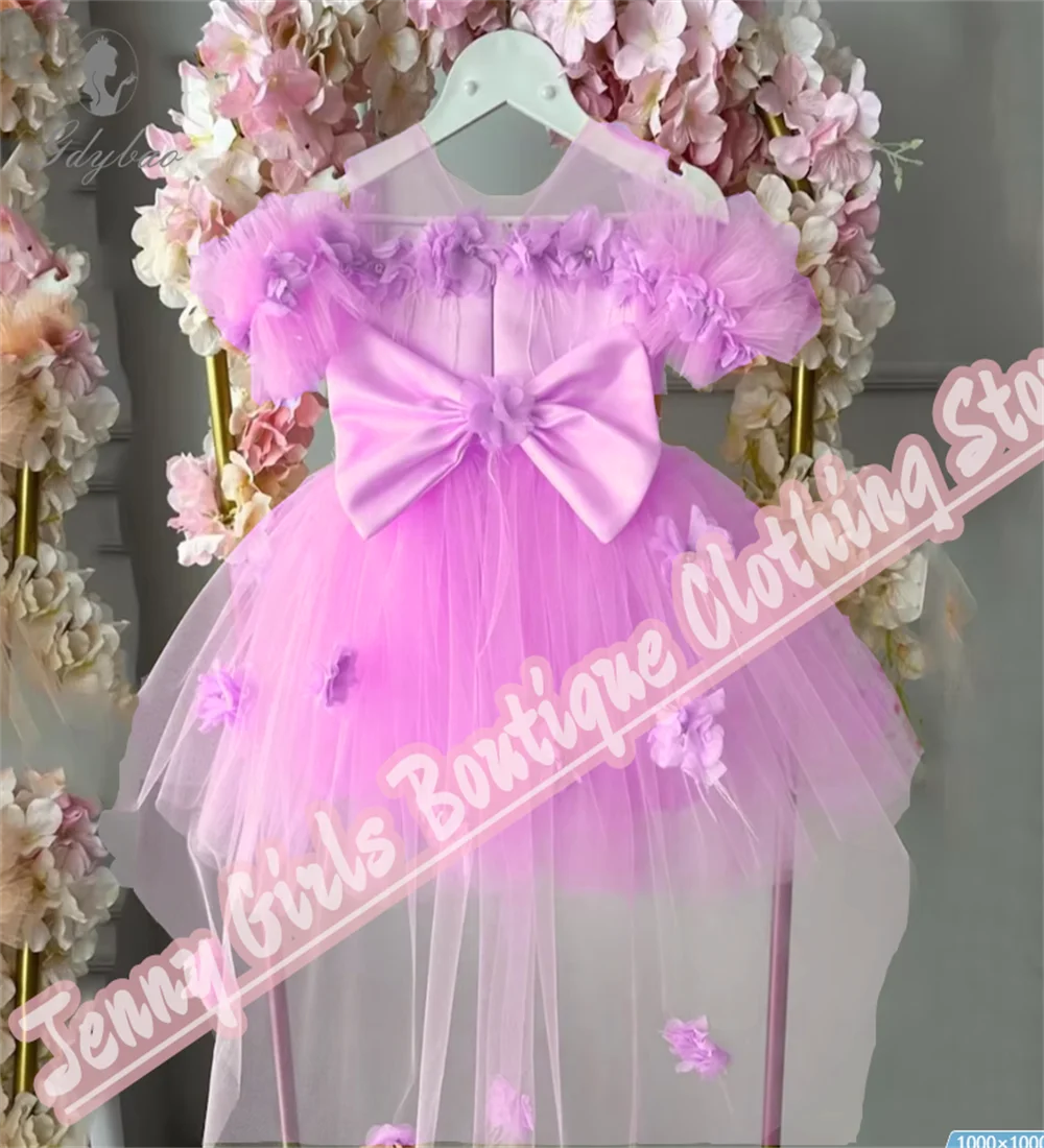 

Lilac Tulle Baby Birthday Gown Transparent Collar Bow Flower Girl Dress 3D Applique Train Beauty Pageant Customized