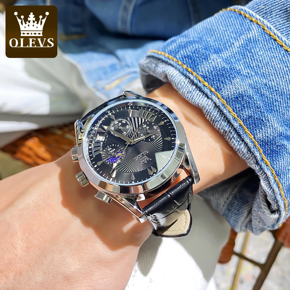 นาฬิกาข้อมือผู้ชาย OLEVS แฟชั่นลำลอง ดีไซน์จับเวลา แสดงข้างขึ้นข้างแรม กันน้ำ สายหนัง นาฬิกาแท้สำหรับผู้ชาย ดีไซน์ทันสมัย