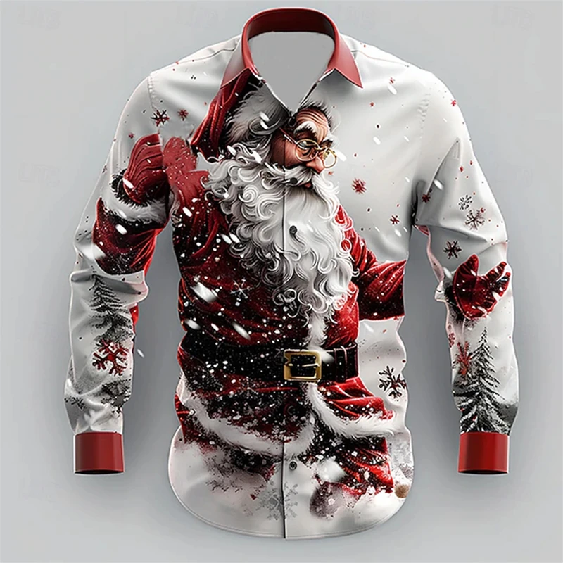 2026 Father Christmas Casual Men's Shirt Daily Wear Autumn/Winter Lapel Long Sleeve Quarter Stretch Fabric Christmas Party Shirt