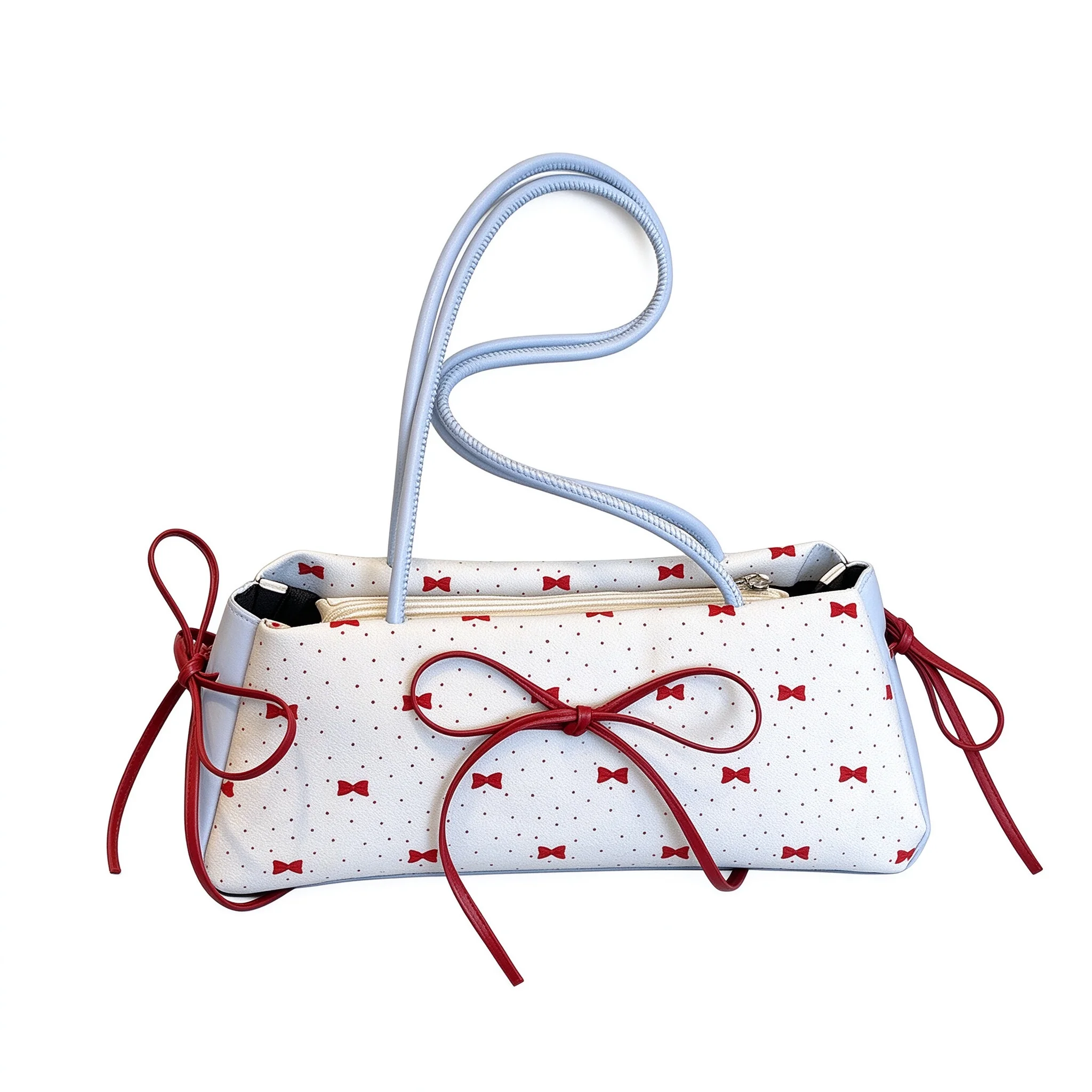 White Blue Red White Polka Dot Bow Canvas Shoulder Bag PU Leather Heart New Fashion Underarm Polka dot Handbag For Girls Women