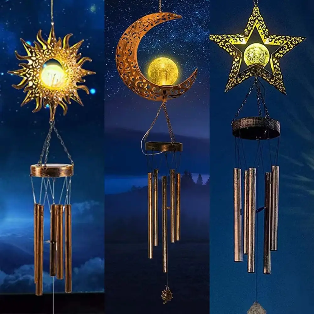 With Metal Tube Solar Lights Outdoor Hanging Waterproof Moon LED Solar Wind Chimes Creative Retro Aeolian Bells