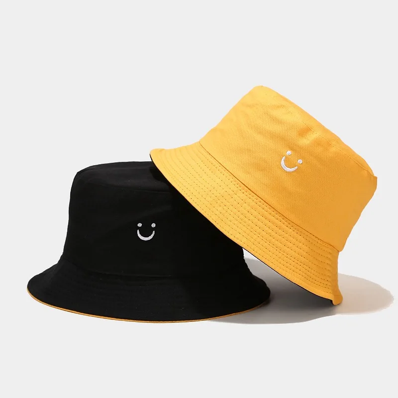Ins Minimalist Smiling Embroidered Fisherman's Caps Men's And Women's Fashionable Outdoor Versatile Sunscreen And Sunshade Hats