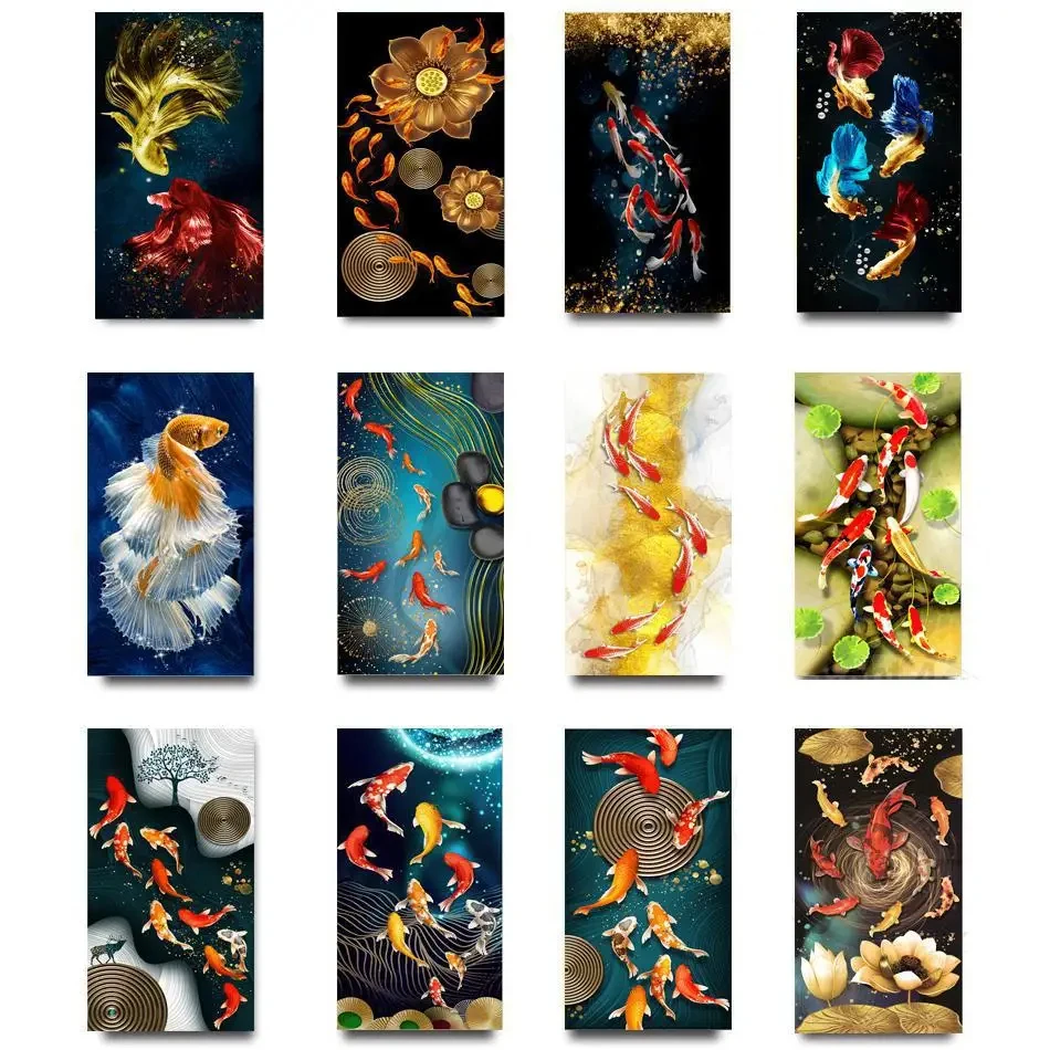 Chinese style good luck golden koi canvas painting, wall art feng shui fish poster print carp lotus pond, room decoration