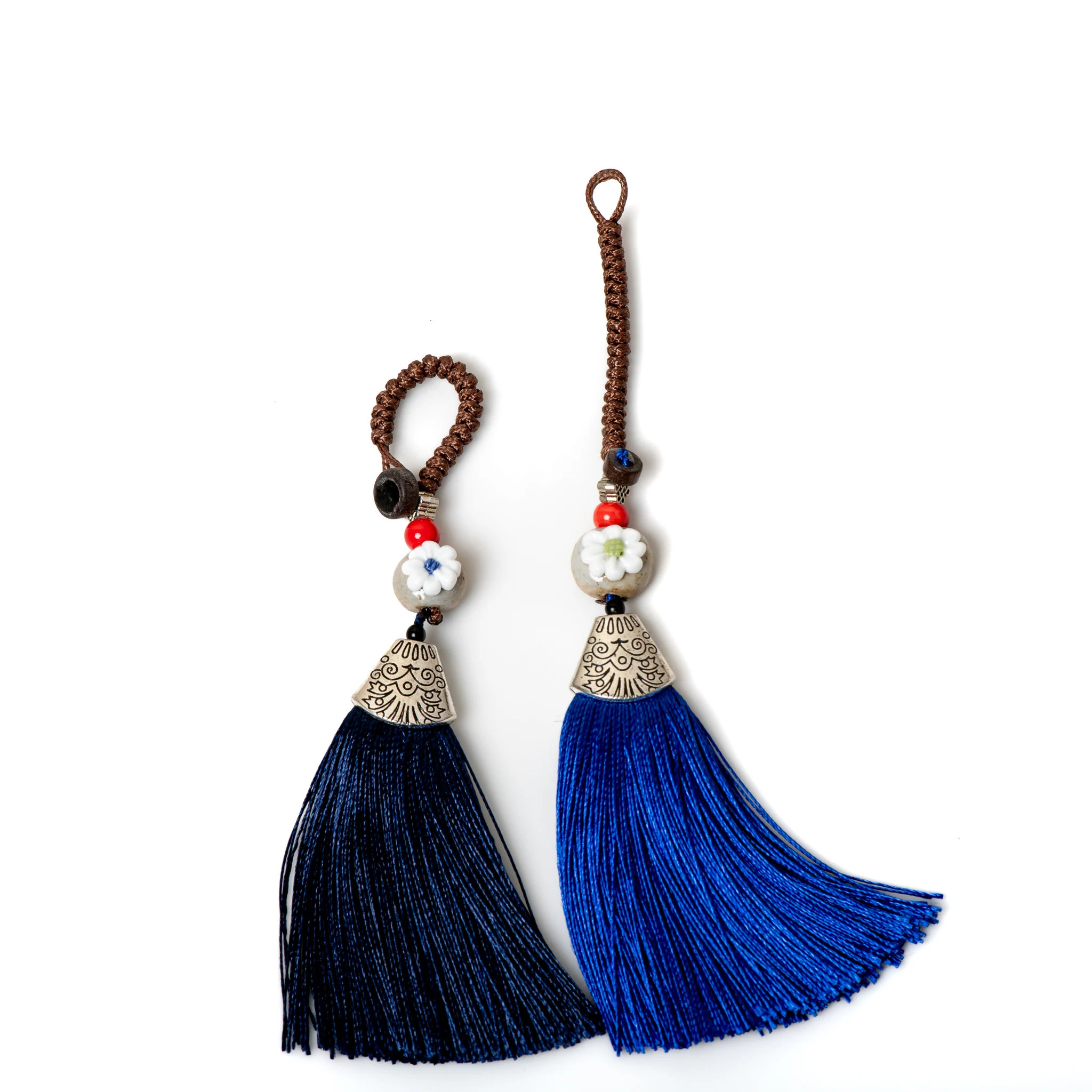 Handmade Ceramic Pendant with Tassel Artistic Jewelry Green and Blue Elegant Design Unique Boho Accessory for Women 179