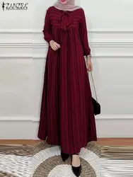 Elegant Women Striped Holiday Sundress Vintage Long Sleeve Lace Up Maxi Dress ZANZEA Marocain Eid Mubarek Abaya Vestido Robes