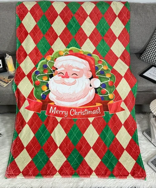 Xmas Santa Claus Argyle Diamond Plaid Blanket Soft Warm Throw Blanket Merry ChristmasHome Decor Cozy Blanket for Couch Bed