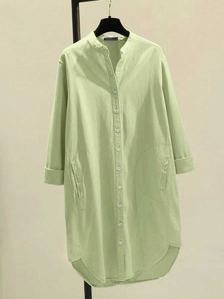 

Fashion New Elegant Solid Cotton Linen Women's Shirt Single Breasted Round Neck Casual Commuter Style Mid Length Shirt