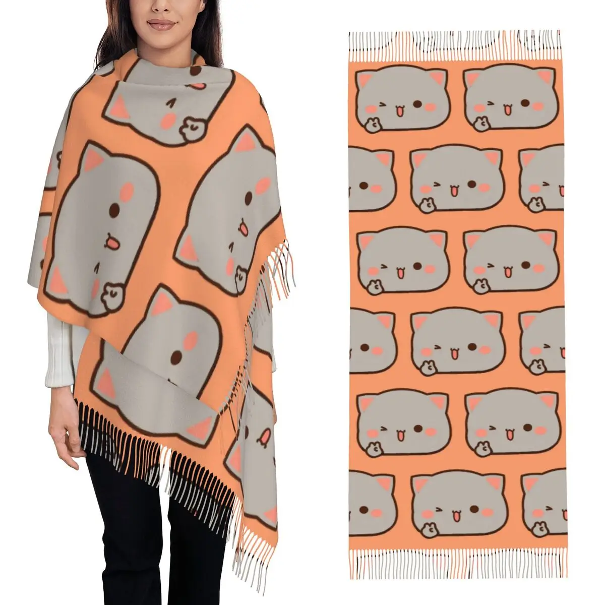 

Cartoon Couple Peach And Goma Mochi Cat Scarf Tassel Scarves for Women Soft Warm Shawls and Wraps Large Fall Winter Shawl Wrap