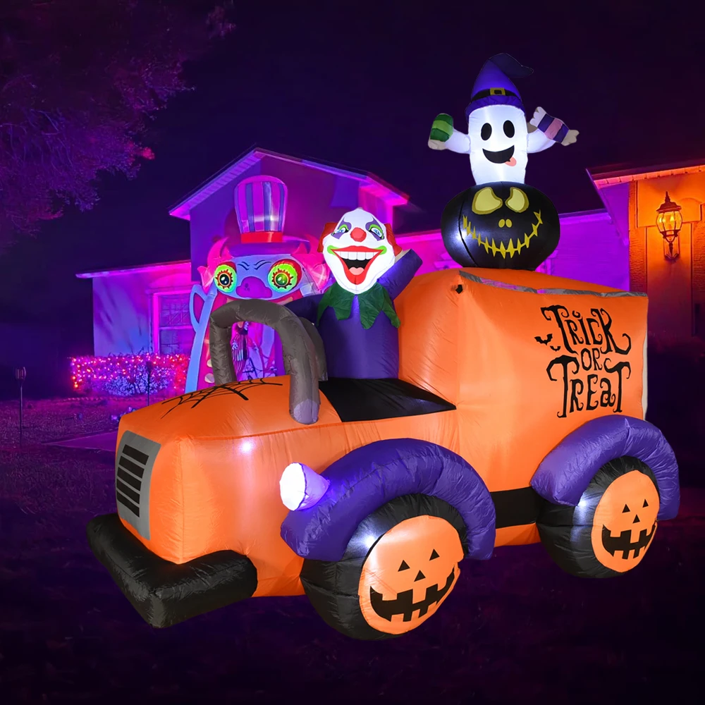 Giant Halloween Inflatable Truck Blow Up Clown Driving Pumkpin Car Built-in LEDs for Outdoor Yard Lawn Holiday Party Decoration