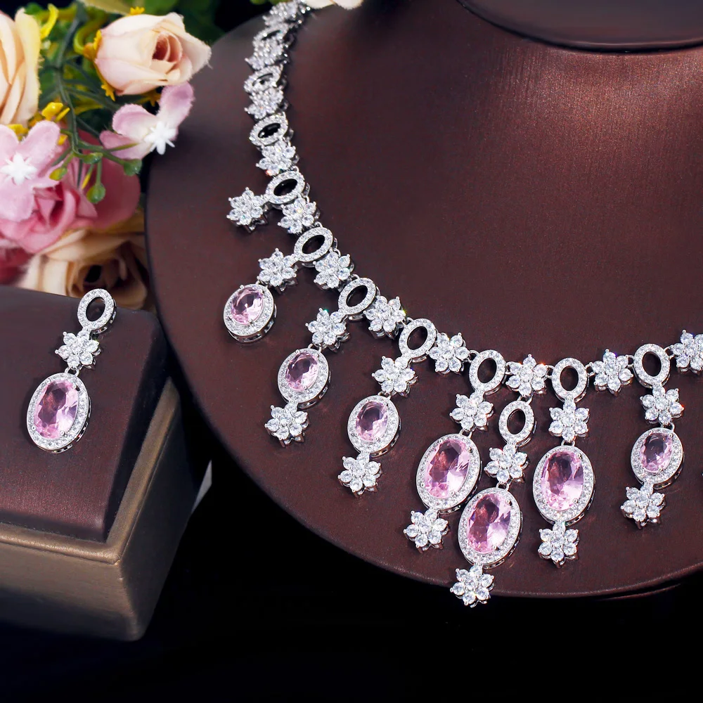 CWWZircons Charming Pink Cubic Zirconia Flower Drop Large Tassel Necklace Bridal Wedding Banquet Jewelry Set for Women Gift T682