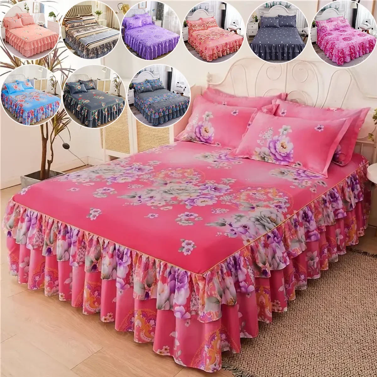 3PCS Bed Skirt Set Elastic Double Bedspread with Pillowcases Mattress Cover Bedding Set Elastic King Size Bedsheet  لحاف 침대치마