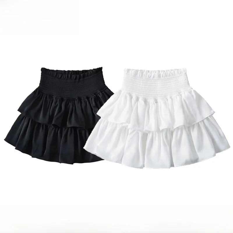 Spring Summer New Women's Wide Waist Elastic Band Double Layer Cake Skirt Anti-Light Short Skirt Fluffy Polyester Fiber