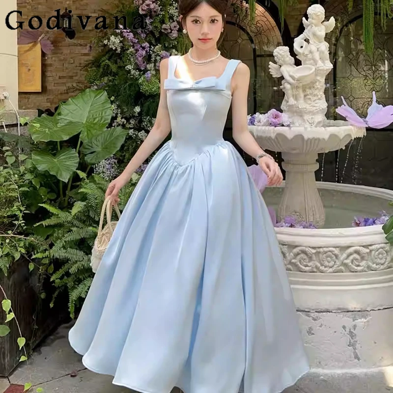 

Spring Summer Elegant French Sweet Square Neck Bow Princess Dress Fashion Girl High Waist A-line Party Satin Suspender Dresses