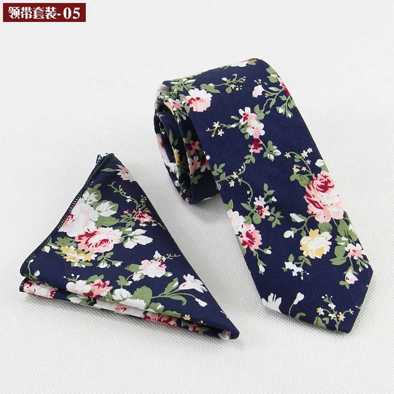 

Korean casual cotton floral print tie 6cm casual tie pocket towel set men's narrow small tie in stock