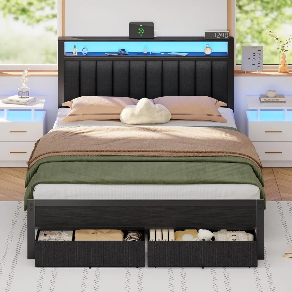 Furnulem Queen Bed Frame with Charging Station and LED Lights, Grey Upholstered Headboard with Shelves, Metal Platform Bed with