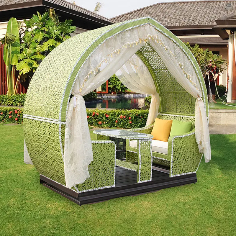 & Outdoor Rattan Powered Rocking Chair Creative Walnut-Shaped Four-Seat Waterproof Movable Gauze Curtain Outdoor Furniture