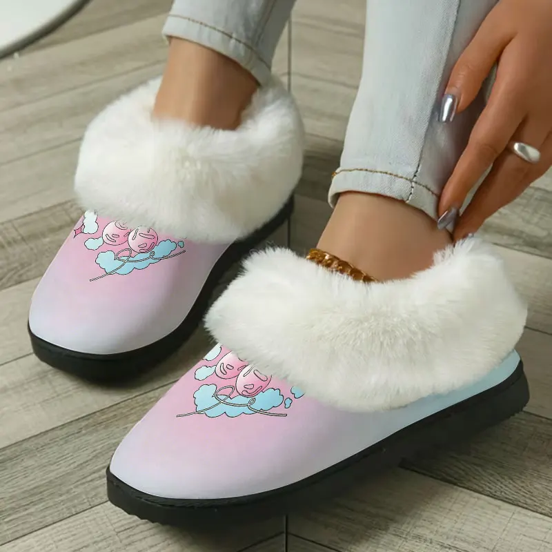 Pink Cloud Angel Print Women's Winter Warm Plush Slippers Fuzzy Fleece House Slippers Indoor Shoes view 2