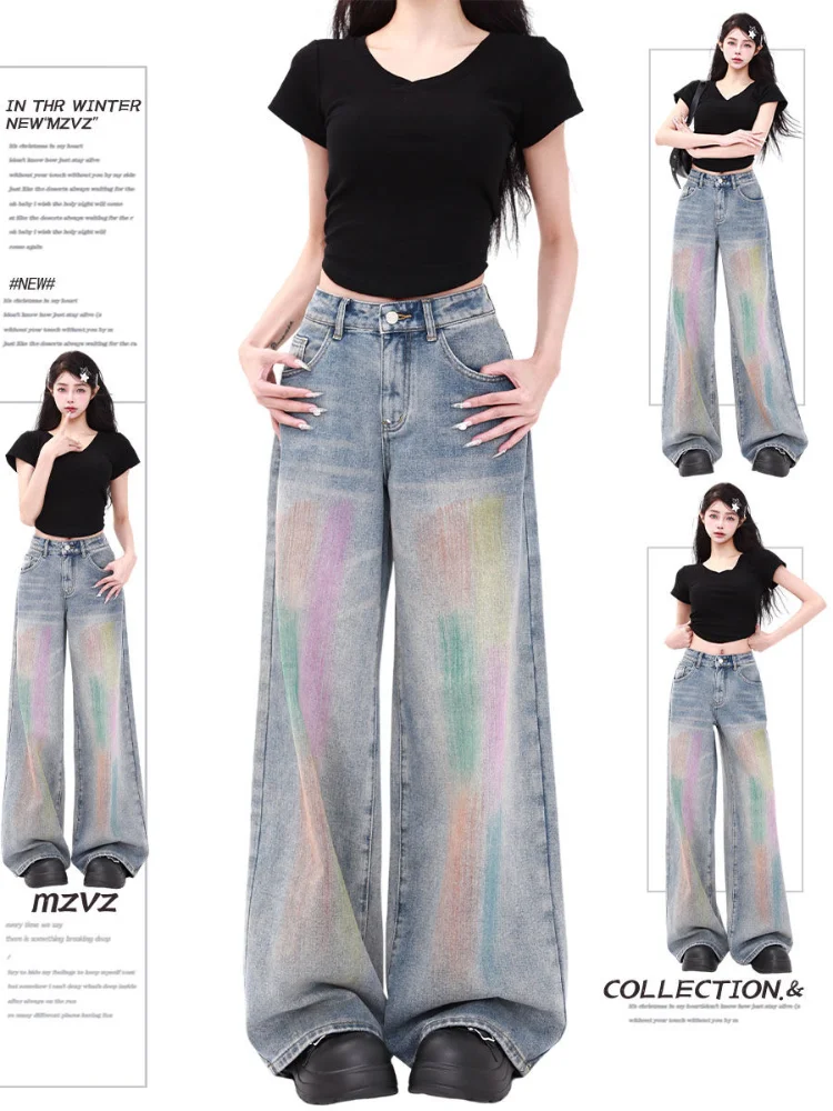 

ADAgirl Harajuku Rainbow Printed Denim Pants Women Y2k Hip Hop Vintage Oversize Kpop High Waist Jeans Streetwear Causal Trousers