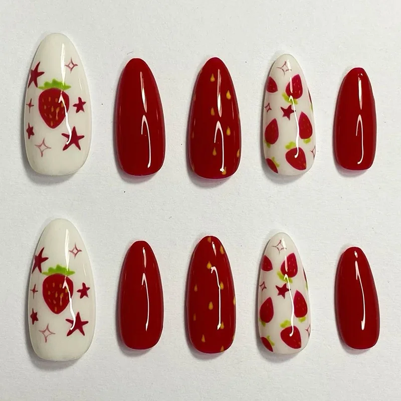 24PCS Zoete Aardbei Ster Boog Druk op Acrylnagels Amandelroze Kawaii Schattig Liefde Valse Nagels voor Vrouwen Meisjes Nepnagels Tawsier Itt