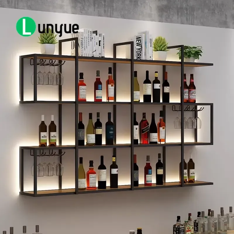 Modern Wrought Iron Wall Mounted Wine Rack with Creative Lighting Eco Friendly Bar Display Shelf Holds 30-39 Bottles 10-24