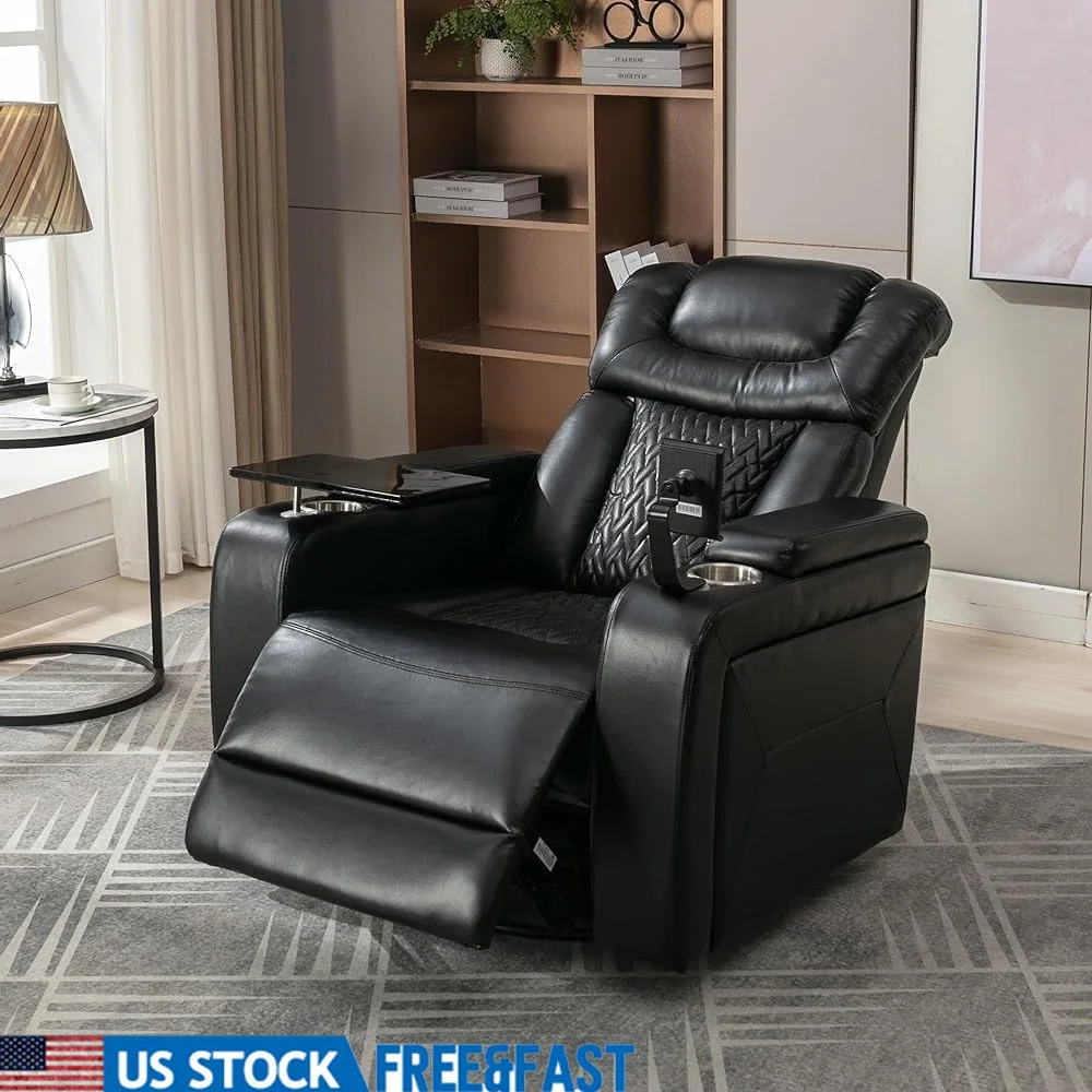 

270 Degree Swivel Recliner PU Leather Home Theater Chair with USB Port Cup Holders and Removable Tray Table Comfort