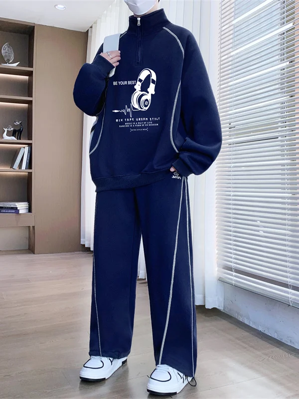 

Casual Sportswear f Zip Hoodie Set Men's Long Sve Stand Collar Trendy Two Piece Autumn Outfit Cotton Polyester Blend