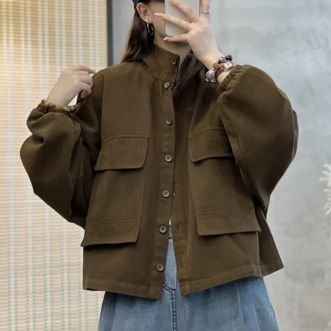 

Casual Cotton Solid Color Plus Size Spring Autumn Turn-Down Collar Single-Breasted Loose Batwing Sleeve Top Jacket For