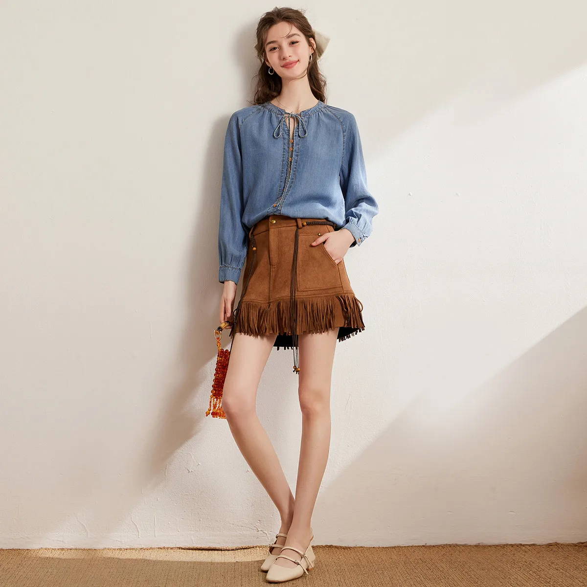 LOUIS YAO New Lace-up Tie-Front Collar Women's Denim Shirt 2025 Spring Raglan Sleeve Long-Sleeve Blouses Denim Tops