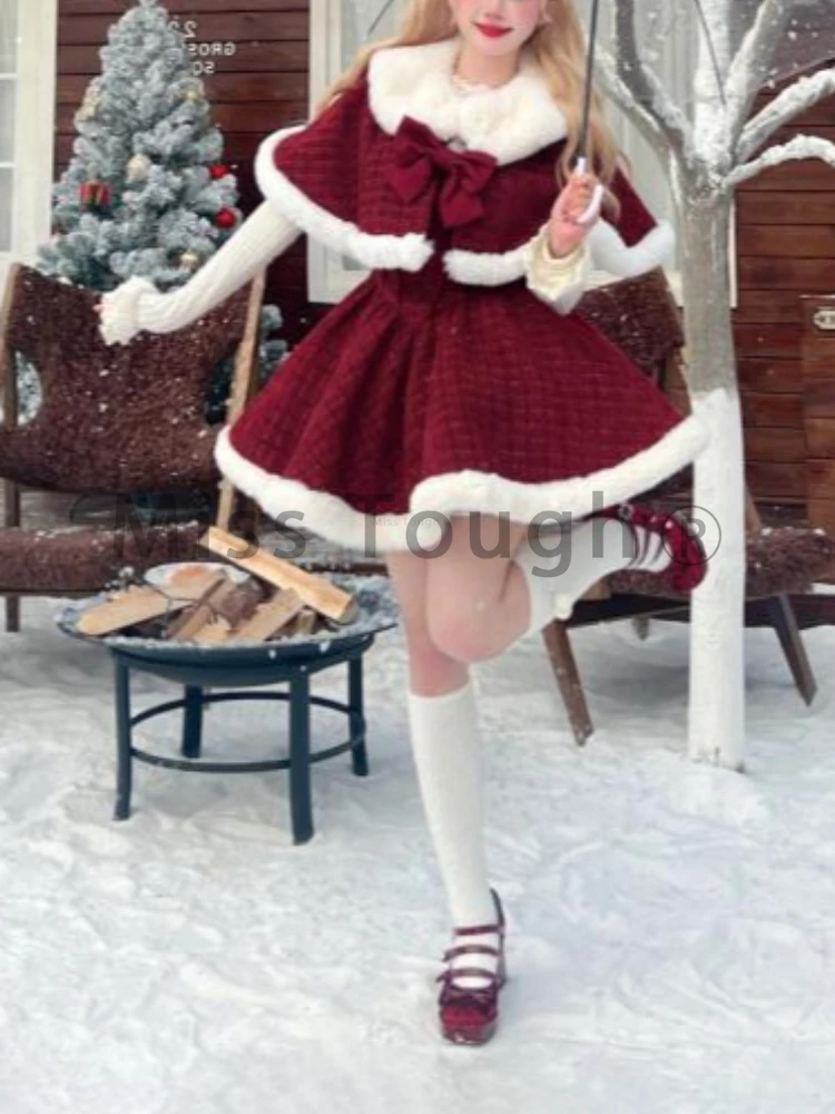 Winter Lolita Sweet Red Retro 3 Piece Set Women Kawaii Cloak + Slim Top + Chic Bow Dress New Warm Harajuku Vintage Pretty Suit