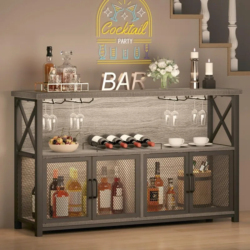 Liquor Home/ Coffee Bar Cabinet, Industrial Farmhouse Modern Sideboard Buffet Cabinet for liquor and glasses with Wine Rack