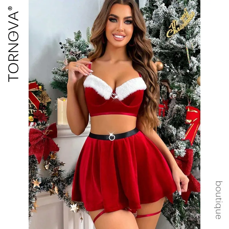 

Tornova Christmas Lingerie Sexy Contrast Color Cute Slim Plunge Bodycon Dress Women Interesting Romantic Charming Underwear Set