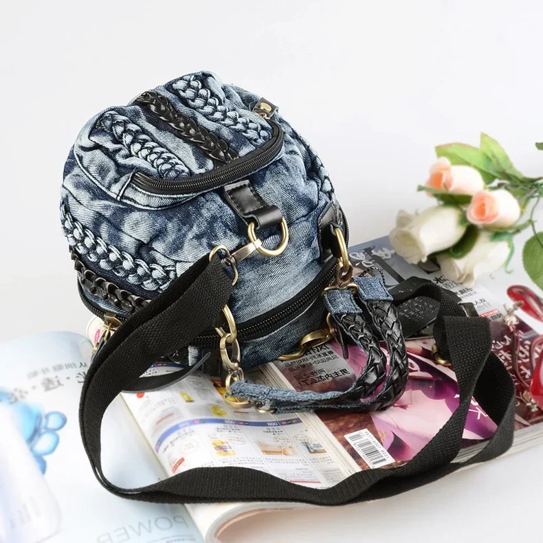 New in Small Washed Denim Weave Bag Mini Women Jeans Tote Shoulder Bag Purses and Handbags