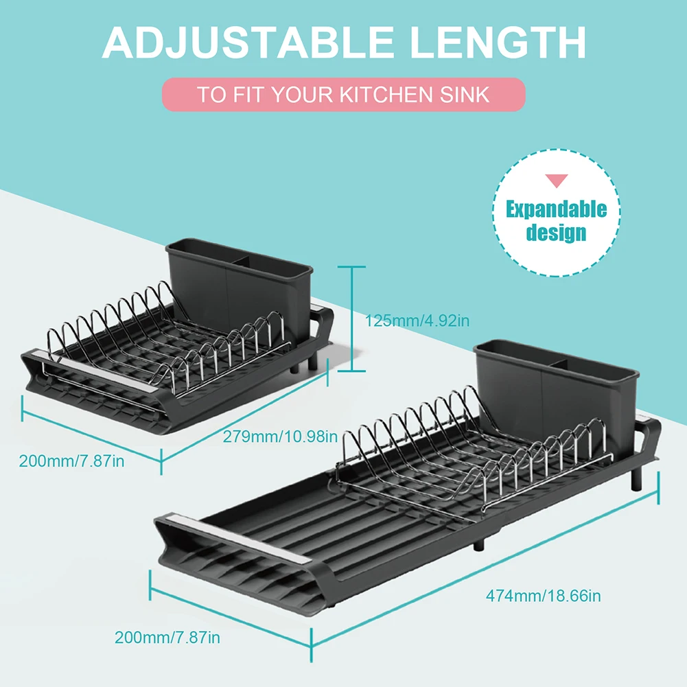 Dish Drying Rack Extendable Dish Rack for Kitchen Countertop with Draining Tray Rustfree Rack for 8 Plates with 2 Utensil Holder