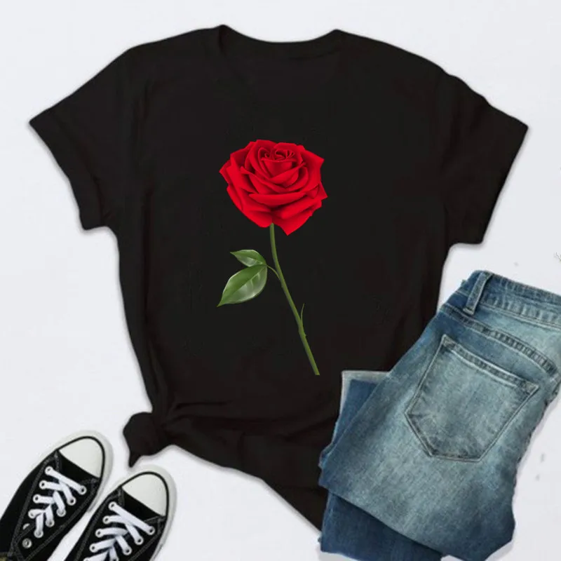 Women's Red Rose Print Black Short Sleeve, Fashion Couple Short Sleeve Top, Harajuku Style, Knitted Short Cute T-Shirt